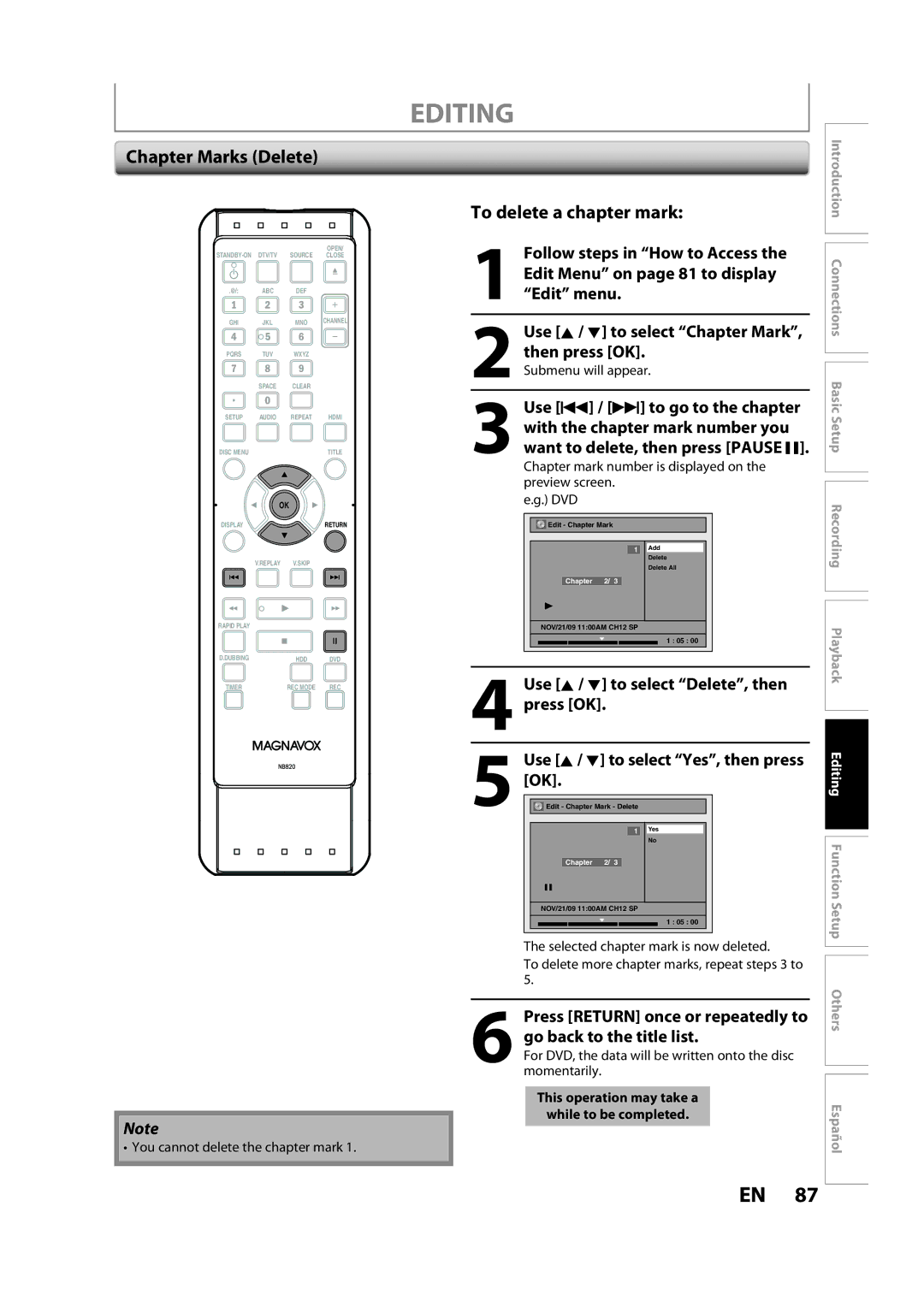 Magnavox H2160MW9 A owner manual Chapter Marks Delete, To delete a chapter mark, You cannot delete the chapter mark 