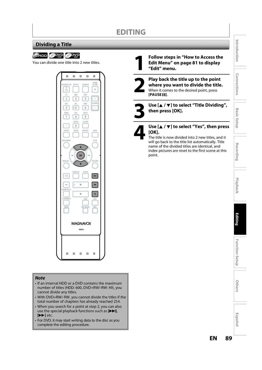 Magnavox H2160MW9 A owner manual Dividing a Title, Use K / L to select Title Dividing, then press OK 