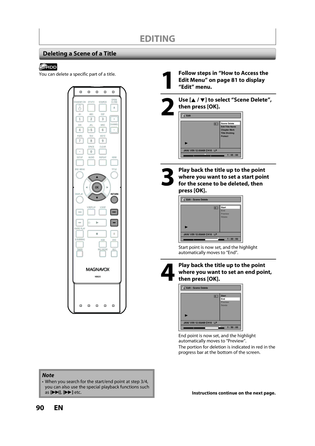 Magnavox H2160MW9 A owner manual Deleting a Scene of a Title, You can delete a specific part of a title 