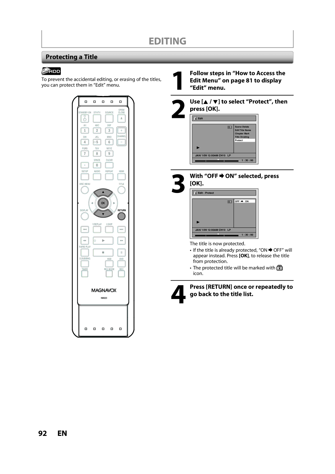 Magnavox H2160MW9 A owner manual Protecting a Title, With OFF On selected, press 