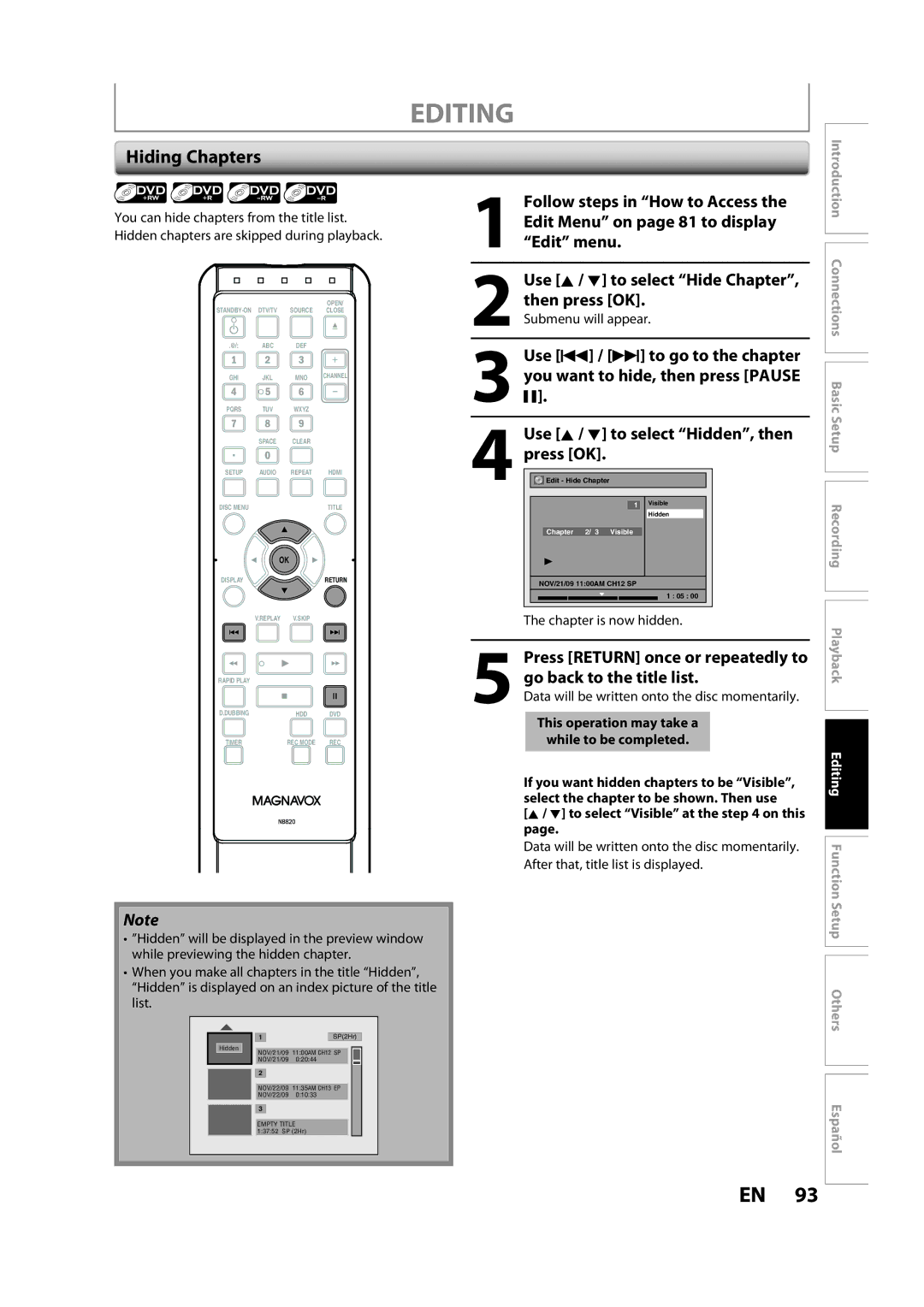 Magnavox H2160MW9 A owner manual Hiding Chapters, Chapter is now hidden, Editing Function 