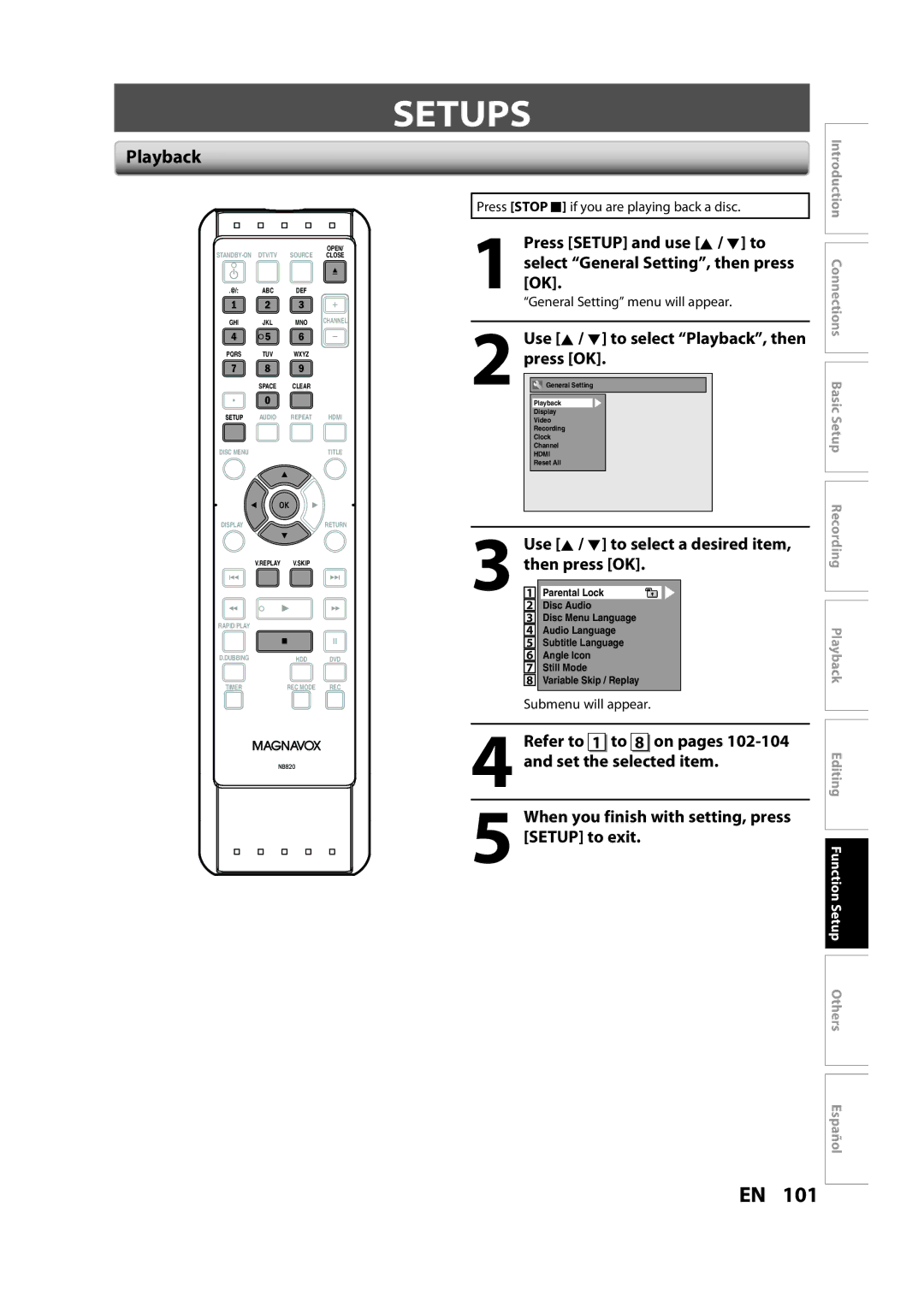 Magnavox H2160MW9 owner manual Setups, Use K / L to select Playback, then press OK 