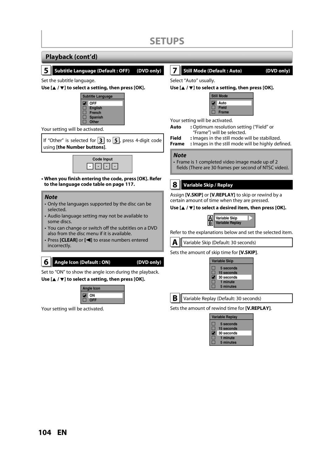 Magnavox H2160MW9 Subtitle Language Default OFF DVD only, Angle Icon Default on DVD only, Variable Skip / Replay 