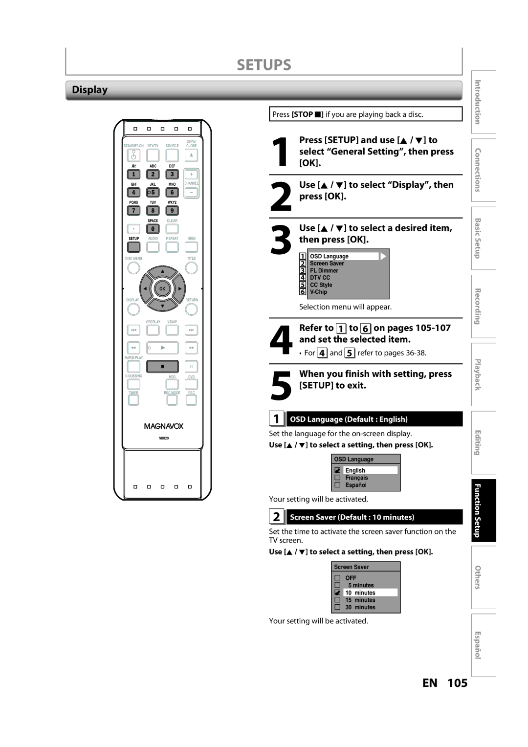 Magnavox H2160MW9 Display, Refer to 1 to 6 on pages 105-107 and set the selected item, OSD Language Default English 