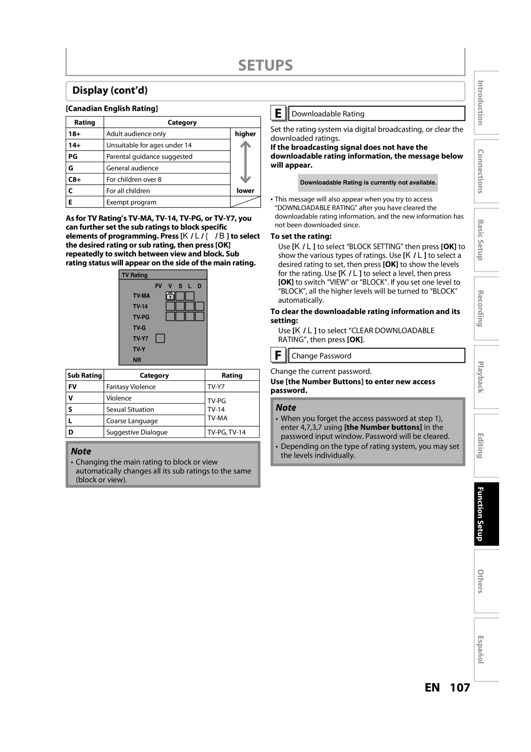 Magnavox H2160MW9 owner manual Canadian English Rating, To set the rating, Change Password Change the current password 