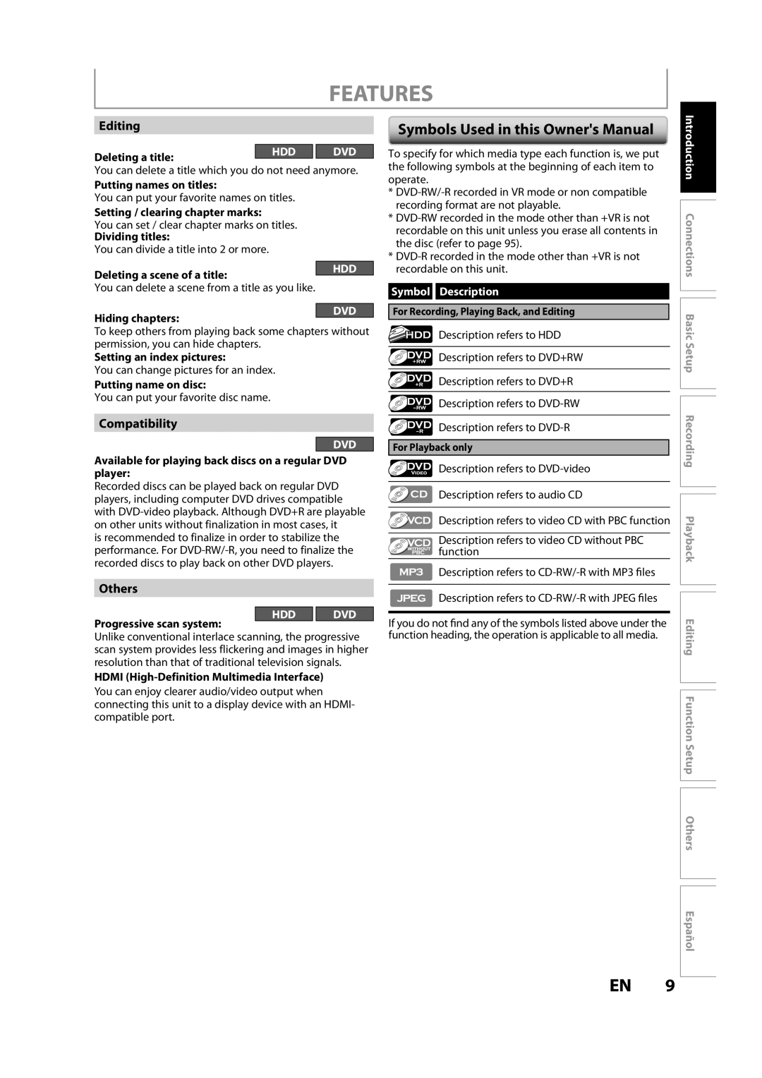 Magnavox H2160MW9 owner manual Features, Editing, Compatibility, Others 