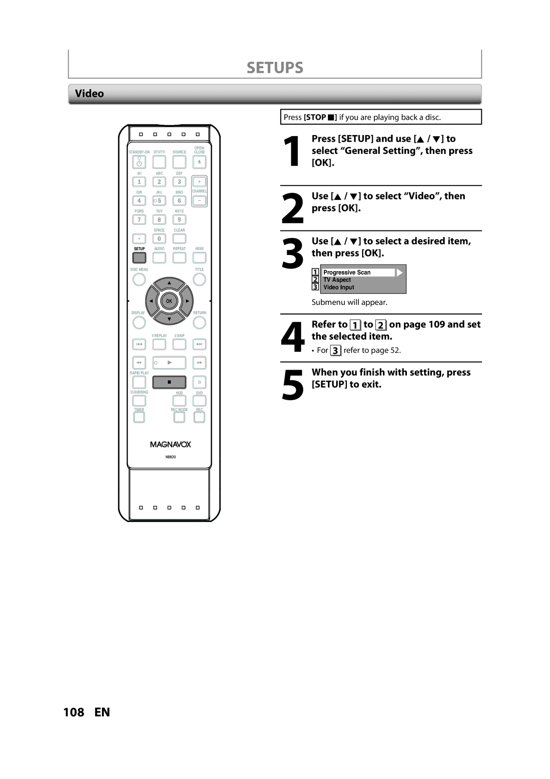 Magnavox H2160MW9 owner manual Video, Selected item, Refer to 1 to 2 on page 109 and set, For 3 refer to 