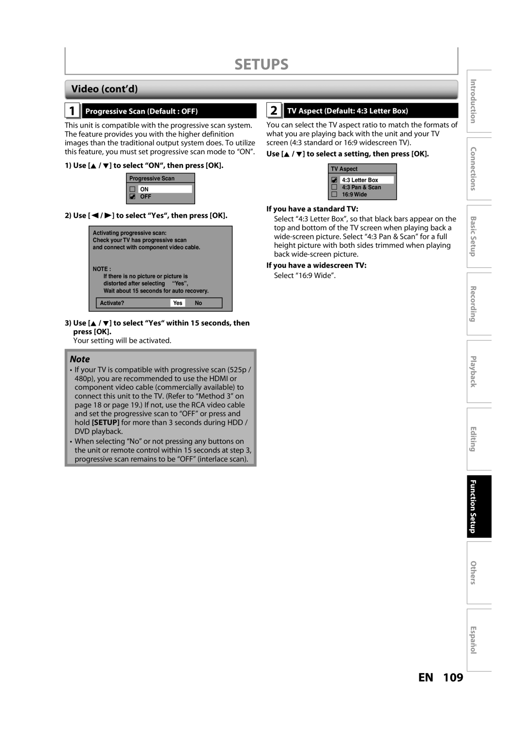 Magnavox H2160MW9 owner manual Video cont’d, Progressive Scan Default OFF, TV Aspect Default 43 Letter Box 