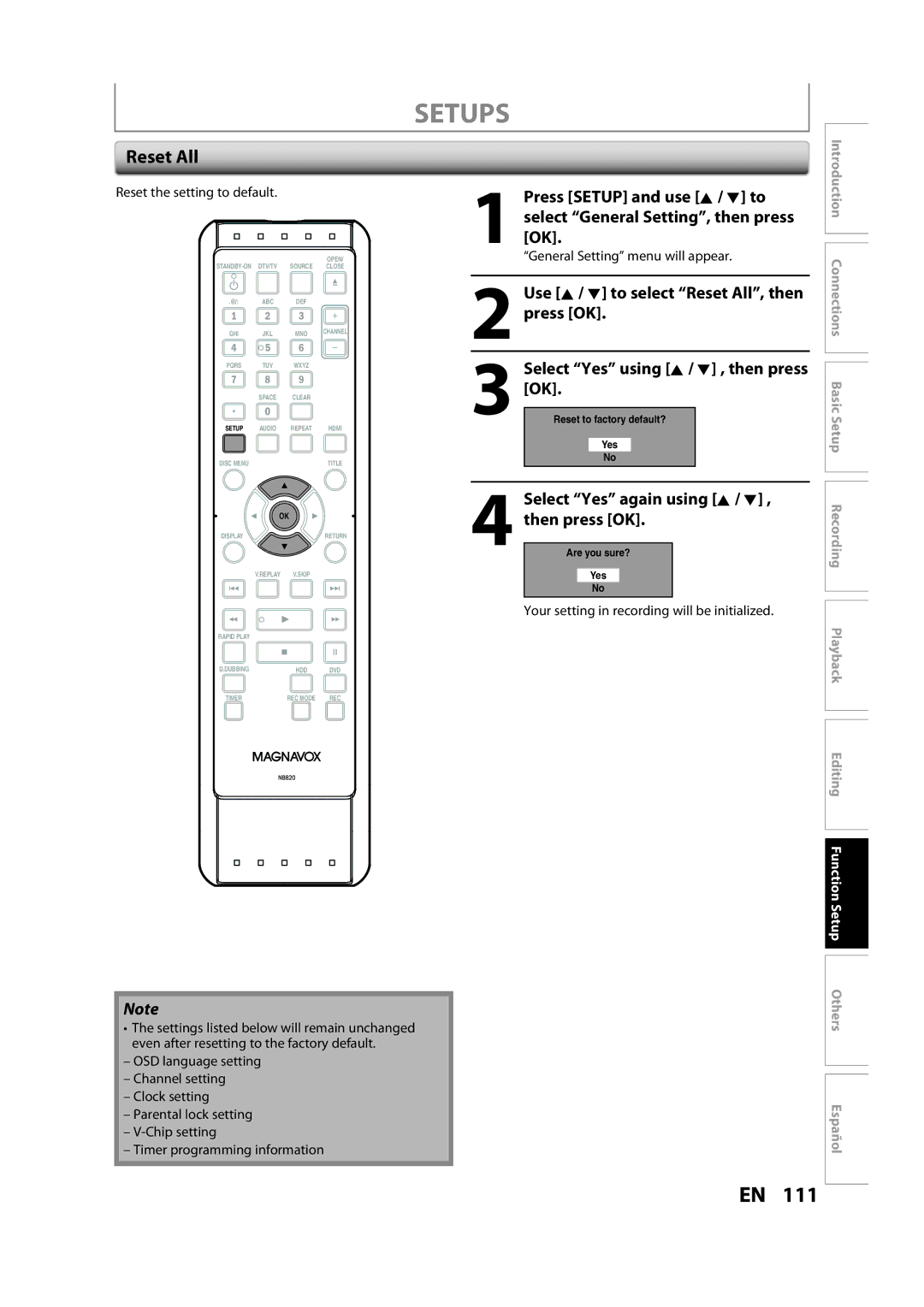 Magnavox H2160MW9 owner manual Reset All, Select Yes again using K / L , then press OK, Reset the setting to default 