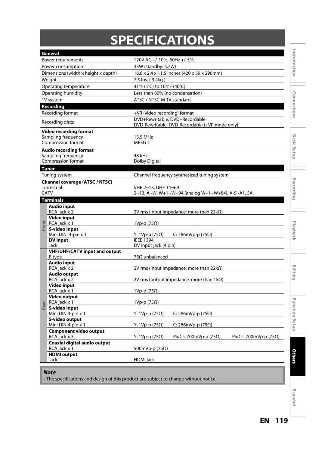 Magnavox H2160MW9 owner manual Specifications, General, Recording, Tuner, Terminals 