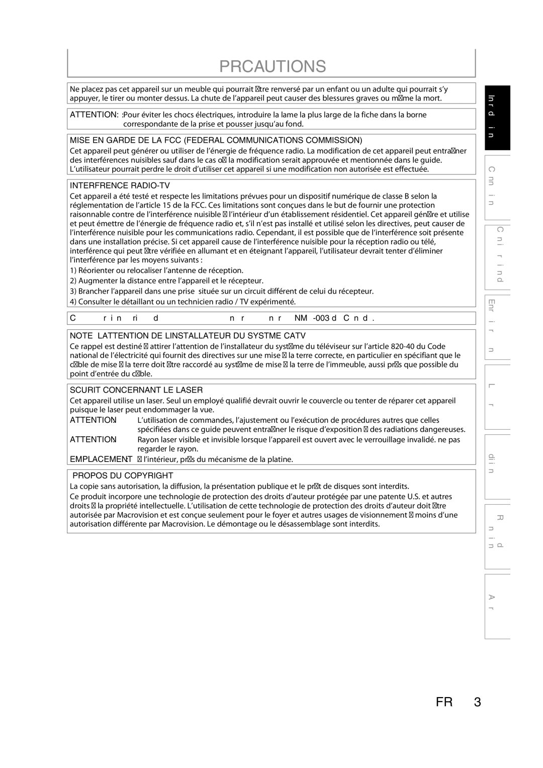 Magnavox H2160MW9 Précautions, Mise EN Garde DE LA FCC Federal Communications Commission, Interférence RADIO-TV 