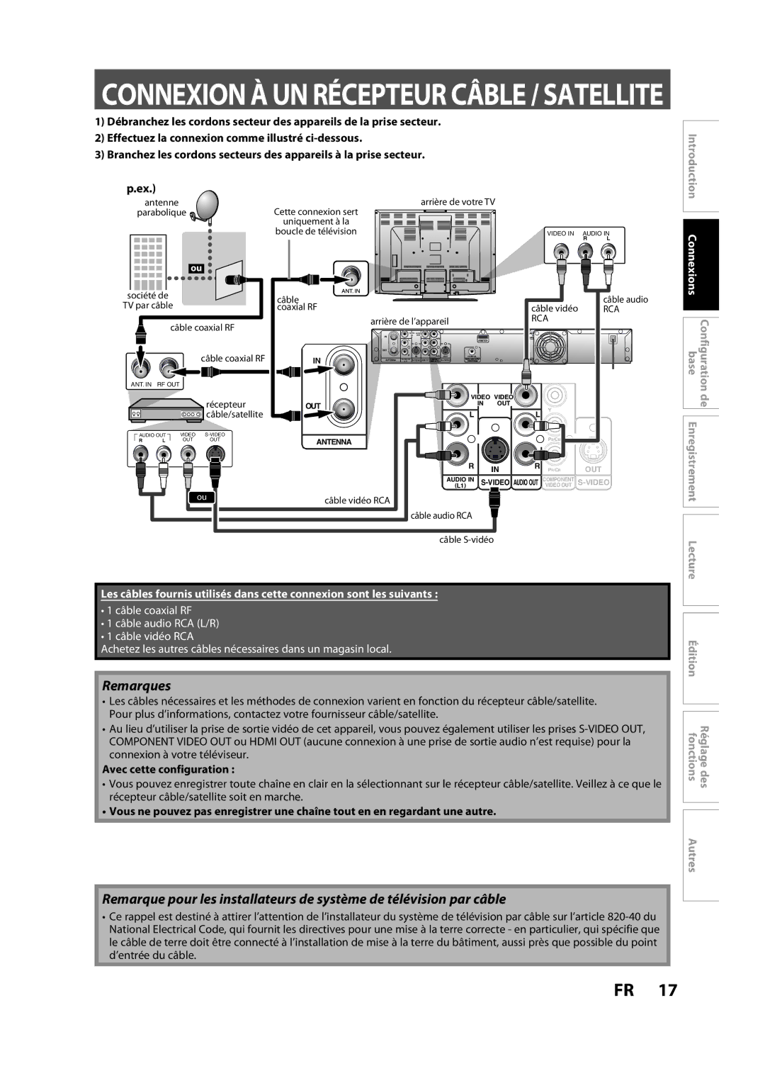 Magnavox H2160MW9 owner manual Connexion À UN Récepteur Câble / Satellite, Avec cette configuration 