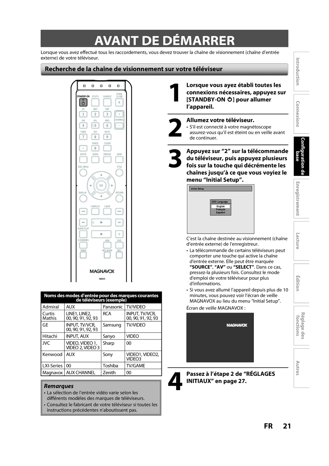 Magnavox H2160MW9 owner manual Avant DE Démarrer, Recherche de la chaîne de visionnement sur votre téléviseur, Initiaux en 