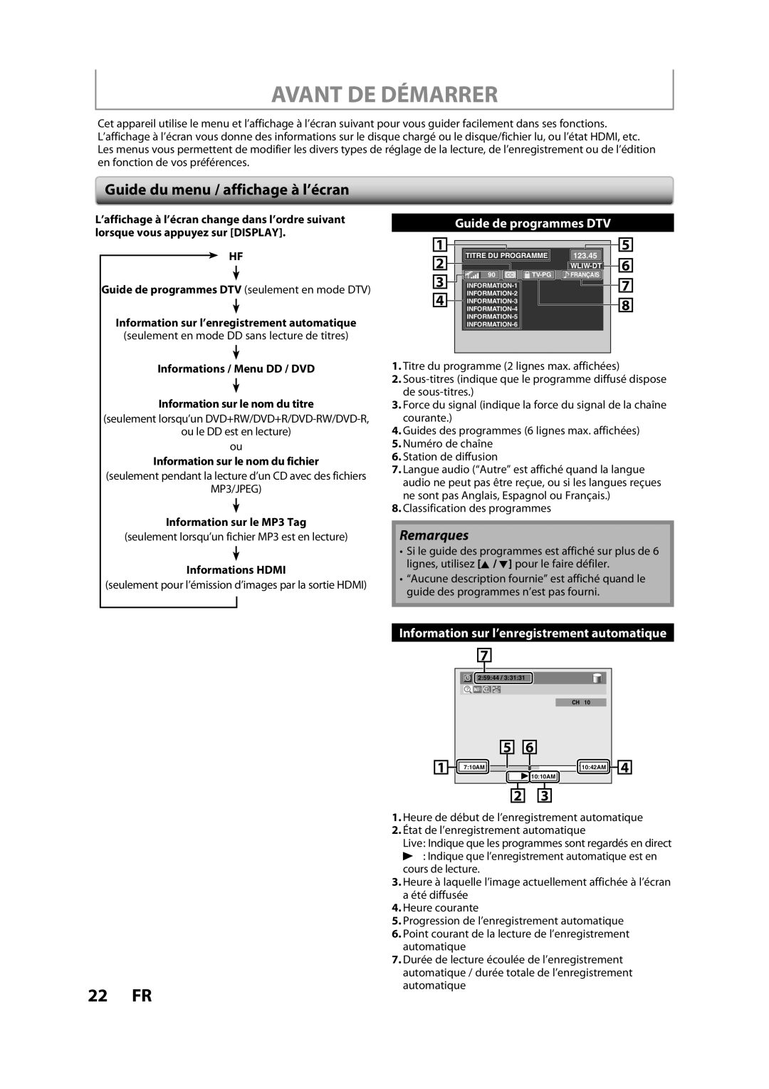 Magnavox H2160MW9 owner manual Avant DE Démarrer, Guide du menu / affichage à l’écran, Information sur le nom du fichier 