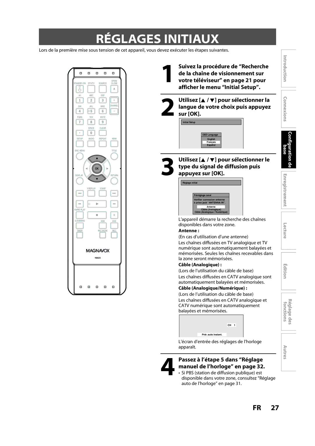 Magnavox H2160MW9 Réglages Initiaux, Passez à l’étape 5 dans Réglage manuel de l’horloge en, Antenne, Câble Analogique 