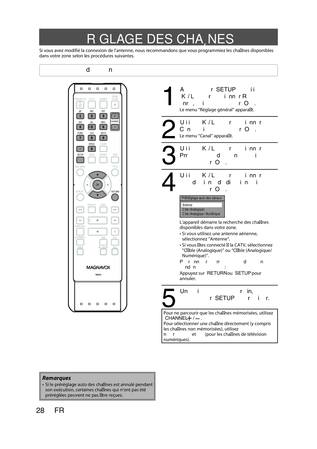 Magnavox H2160MW9 owner manual Réglage DES Chaînes, Balayage auto des chaînes, Le menu Réglage général apparaît 