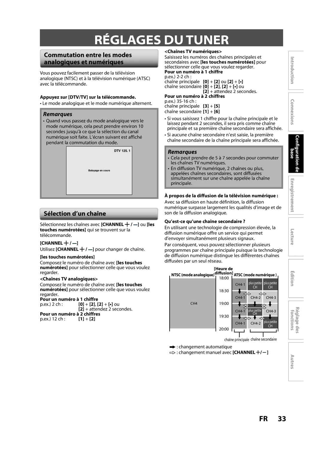 Magnavox H2160MW9 Réglages DU Tuner, Sélection d’un chaîne, Commutation entre les modes analogiques et numériques 