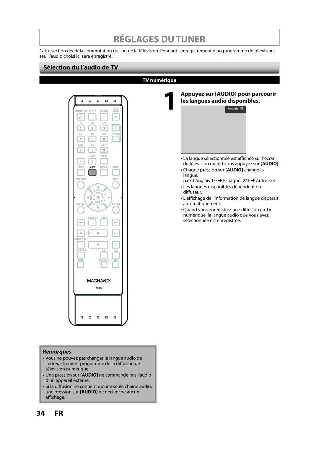 Magnavox H2160MW9 owner manual Réglages DU Tuner, Sélection du l’audio de TV 