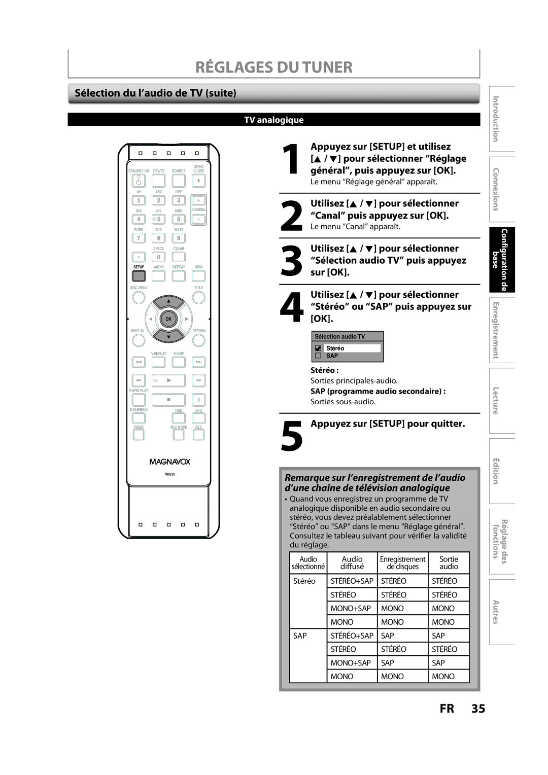 Magnavox H2160MW9 owner manual Sélection du l’audio de TV suite, Stéréo, SAP programme audio secondaire 