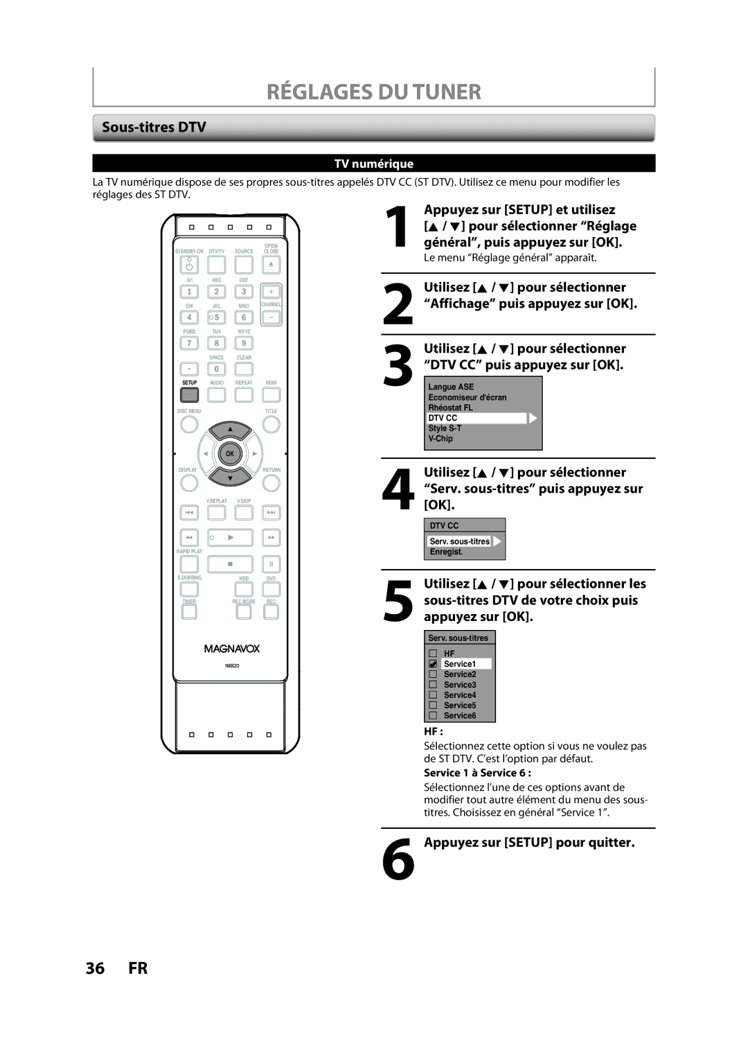 Magnavox H2160MW9 owner manual Sous-titres DTV 