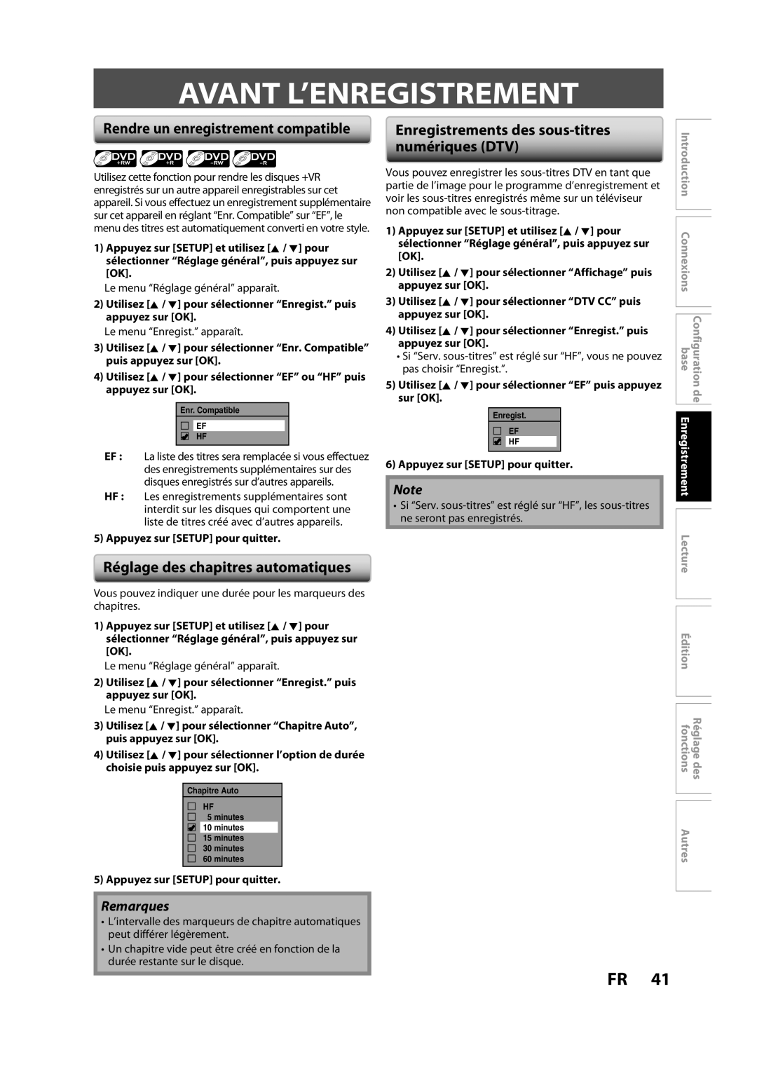 Magnavox H2160MW9 Avant L’ENREGISTREMENT, Rendre un enregistrement compatible, Réglage des chapitres automatiques 