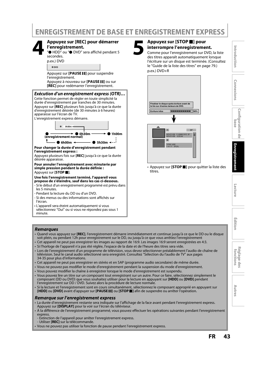 Magnavox H2160MW9 owner manual Exécution d’un enregistrement express OTR…, Remarque sur l’enregistrement express, Titres 