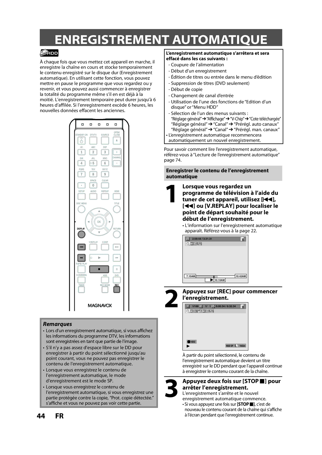 Magnavox H2160MW9 Enregistrement Automatique, Appuyez sur REC pour commencer, Enregistrement automatique commence 