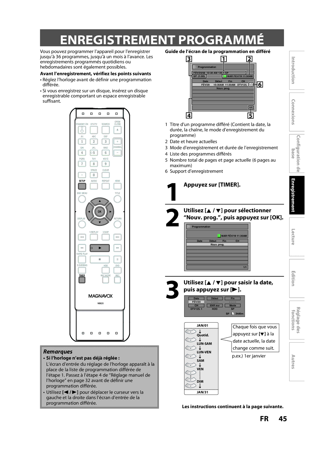 Magnavox H2160MW9 Enregistrement Programmé, Appuyez sur Timer, Avant l’enregistrement, vérifiez les points suivants 