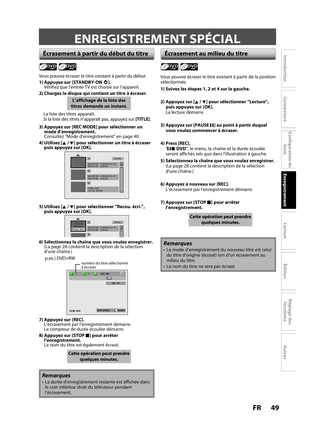 Magnavox H2160MW9 owner manual Enregistrement Spécial, Écrasement à partir du début du titre, Écrasement au milieu du titre 