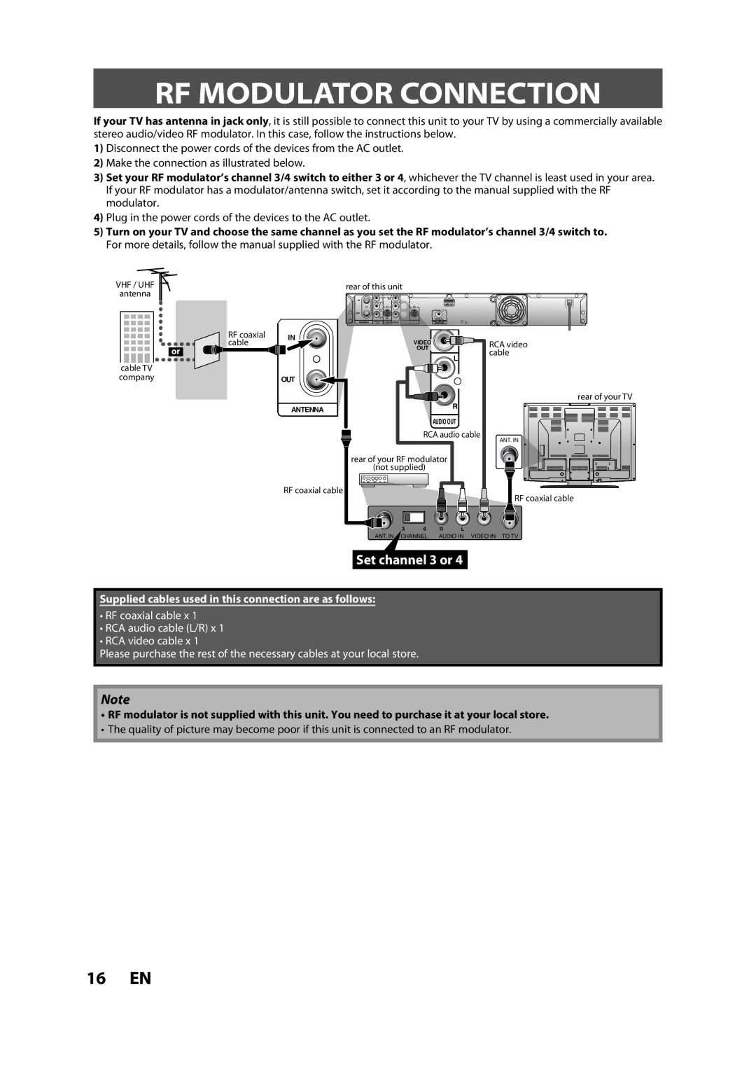 Magnavox H2160MW9 owner manual RF Modulator Connection, Plug in the power cords of the devices to the AC outlet 