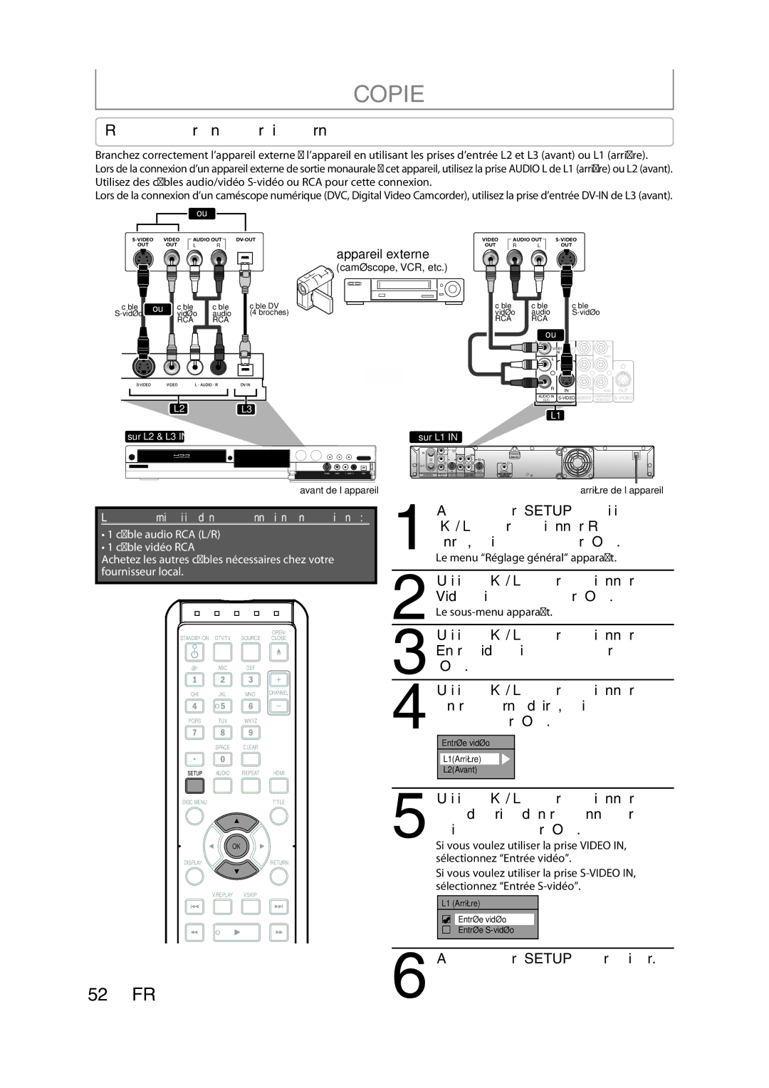 Magnavox H2160MW9 owner manual Copie, Réglages pour un appareil externe, Appareil externe 