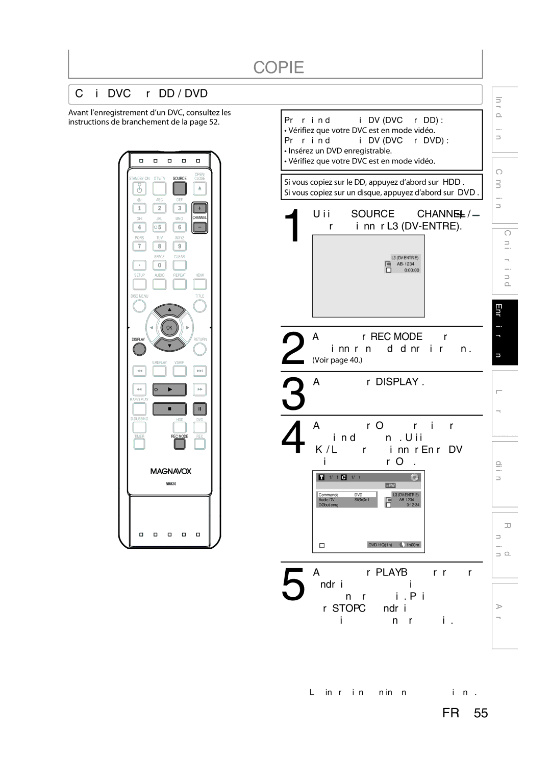 Magnavox H2160MW9 owner manual Copie DVC vers DD / DVD, Pour sélectionner Entrée DV puis appuyez sur OK 