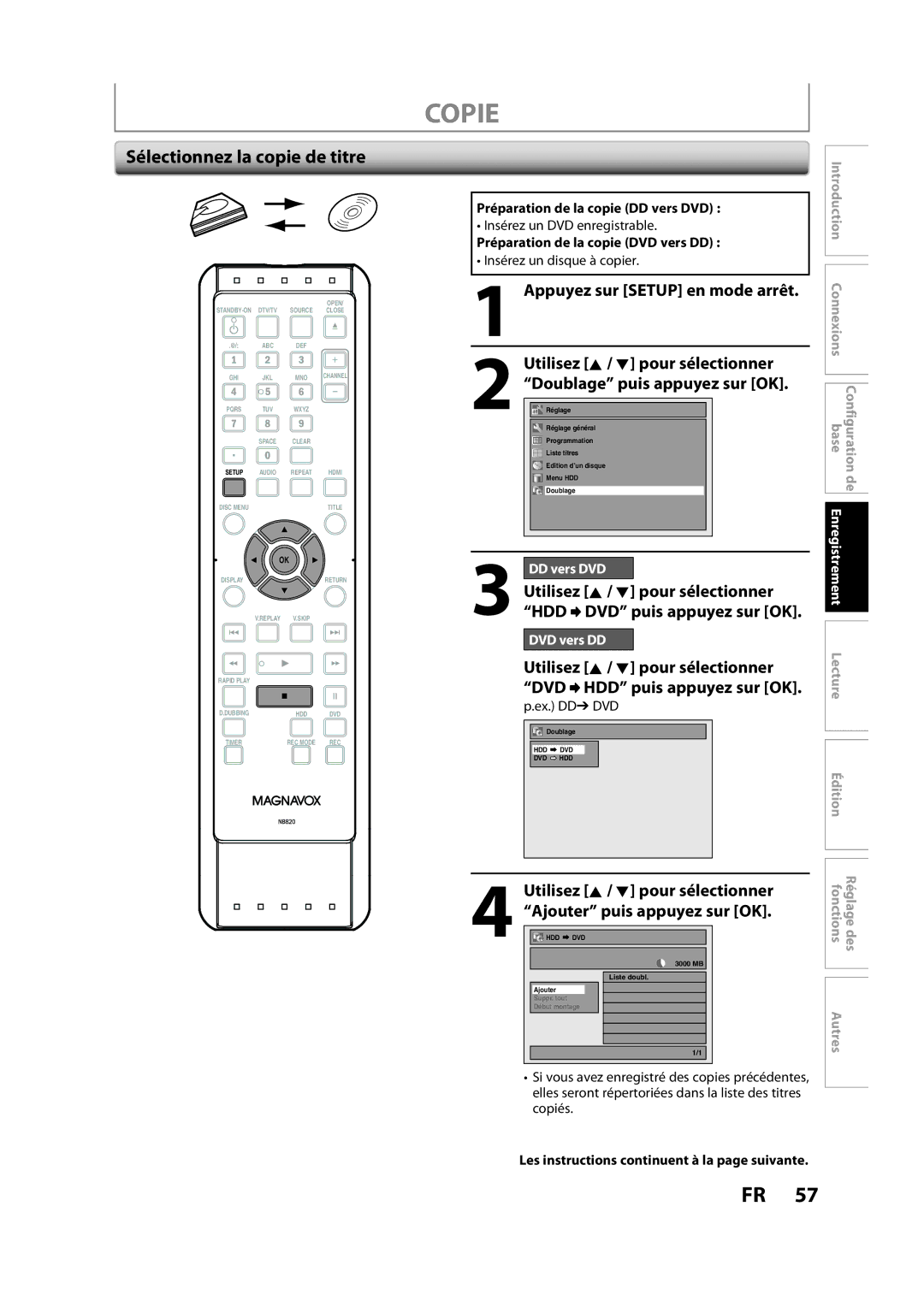 Magnavox H2160MW9 owner manual Sélectionnez la copie de titre, Utilisez K / L pour sélectionner, Puis appuyez sur OK 