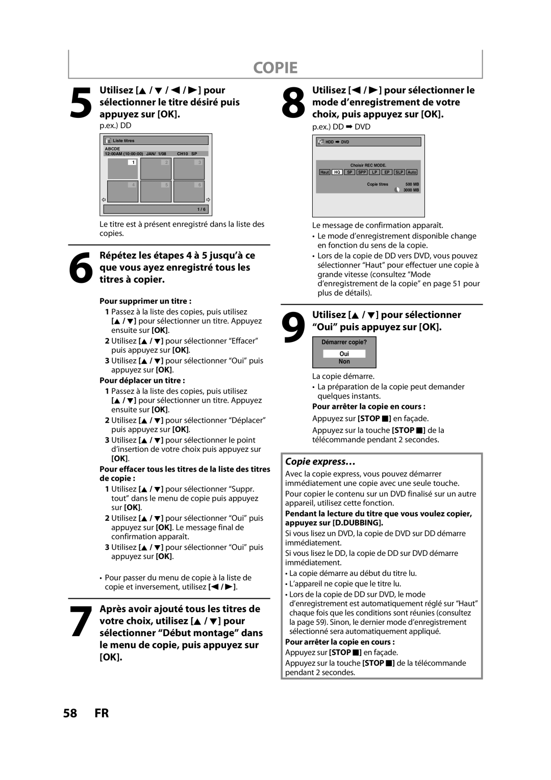 Magnavox H2160MW9 owner manual Copie express…, Ex. DD, Le titre est à présent enregistré dans la liste des copies 