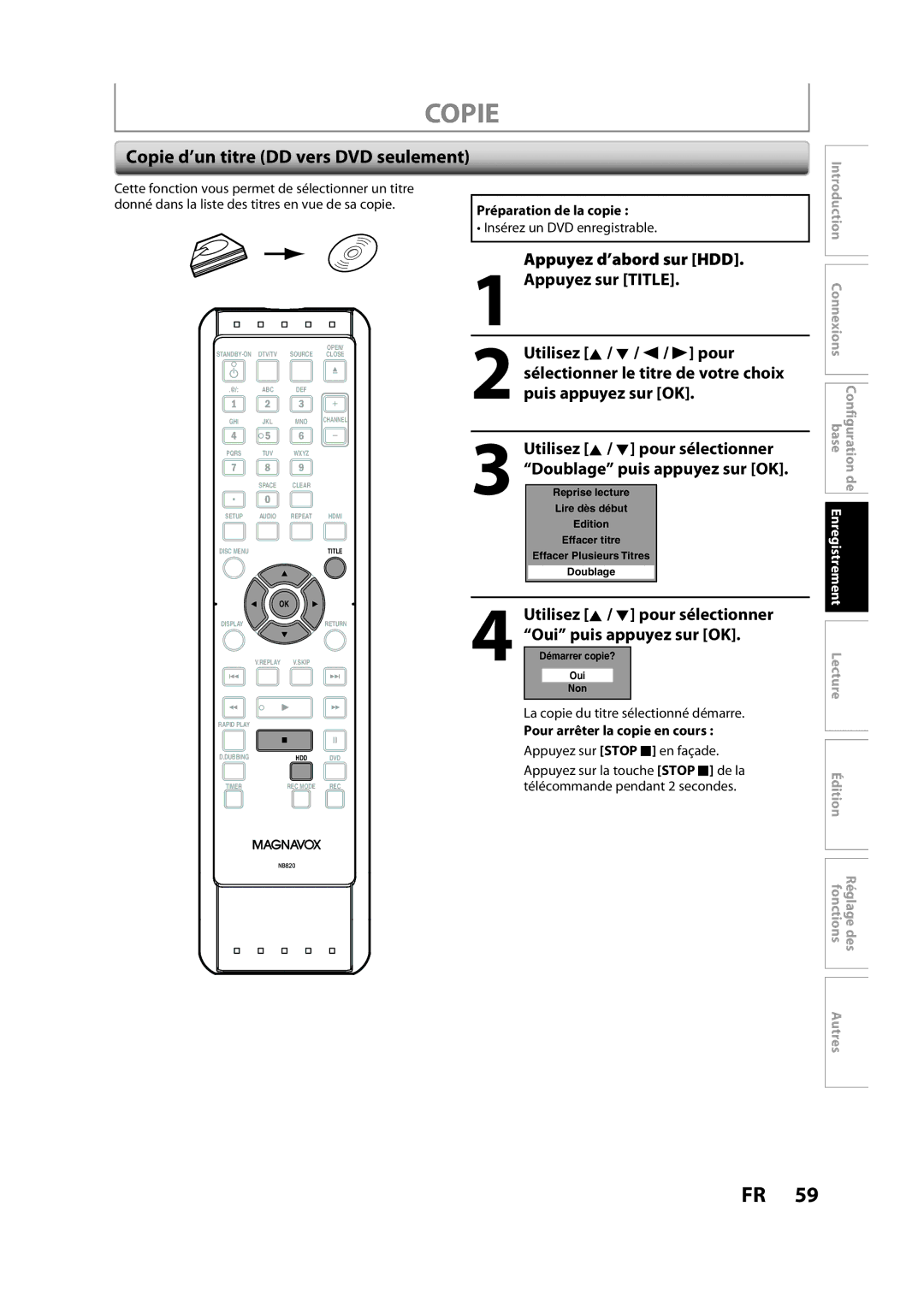 Magnavox H2160MW9 Copie d’un titre DD vers DVD seulement, Préparation de la copie, La copie du titre sélectionné démarre 