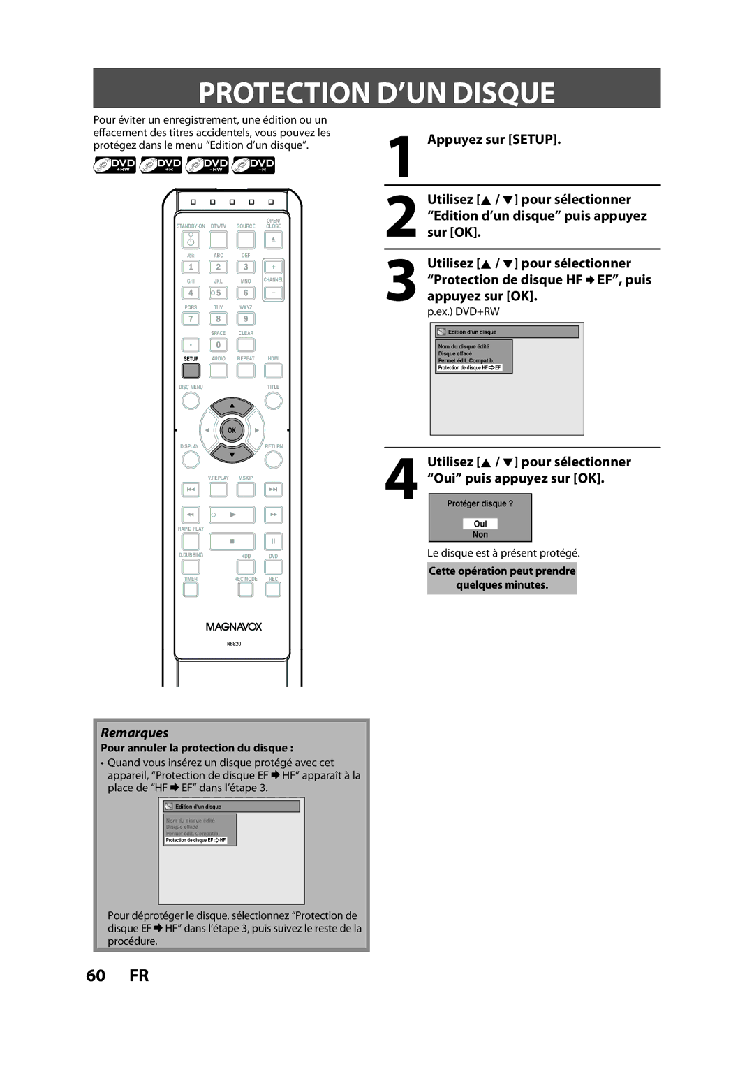 Magnavox H2160MW9 owner manual Protection D’UN Disque, Utilisez K / L pour sélectionner Oui puis appuyez sur OK 