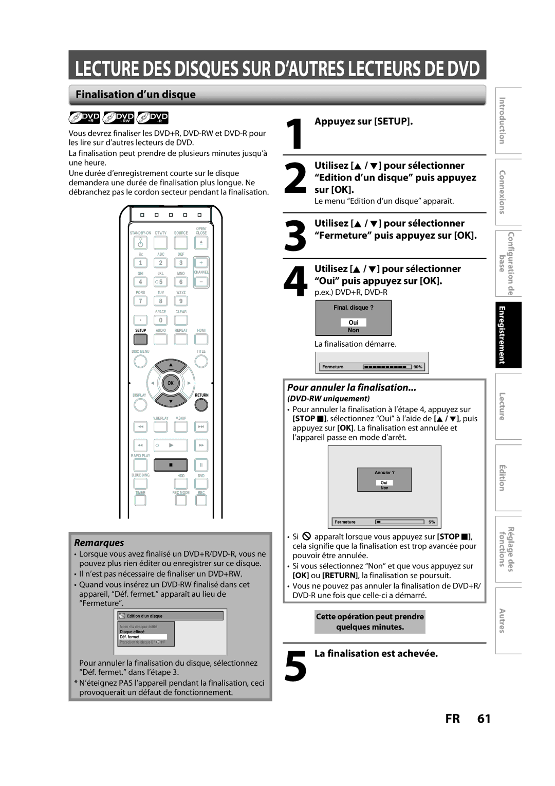 Magnavox H2160MW9 owner manual Finalisation d’un disque, Pour annuler la finalisation, La finalisation est achevée 