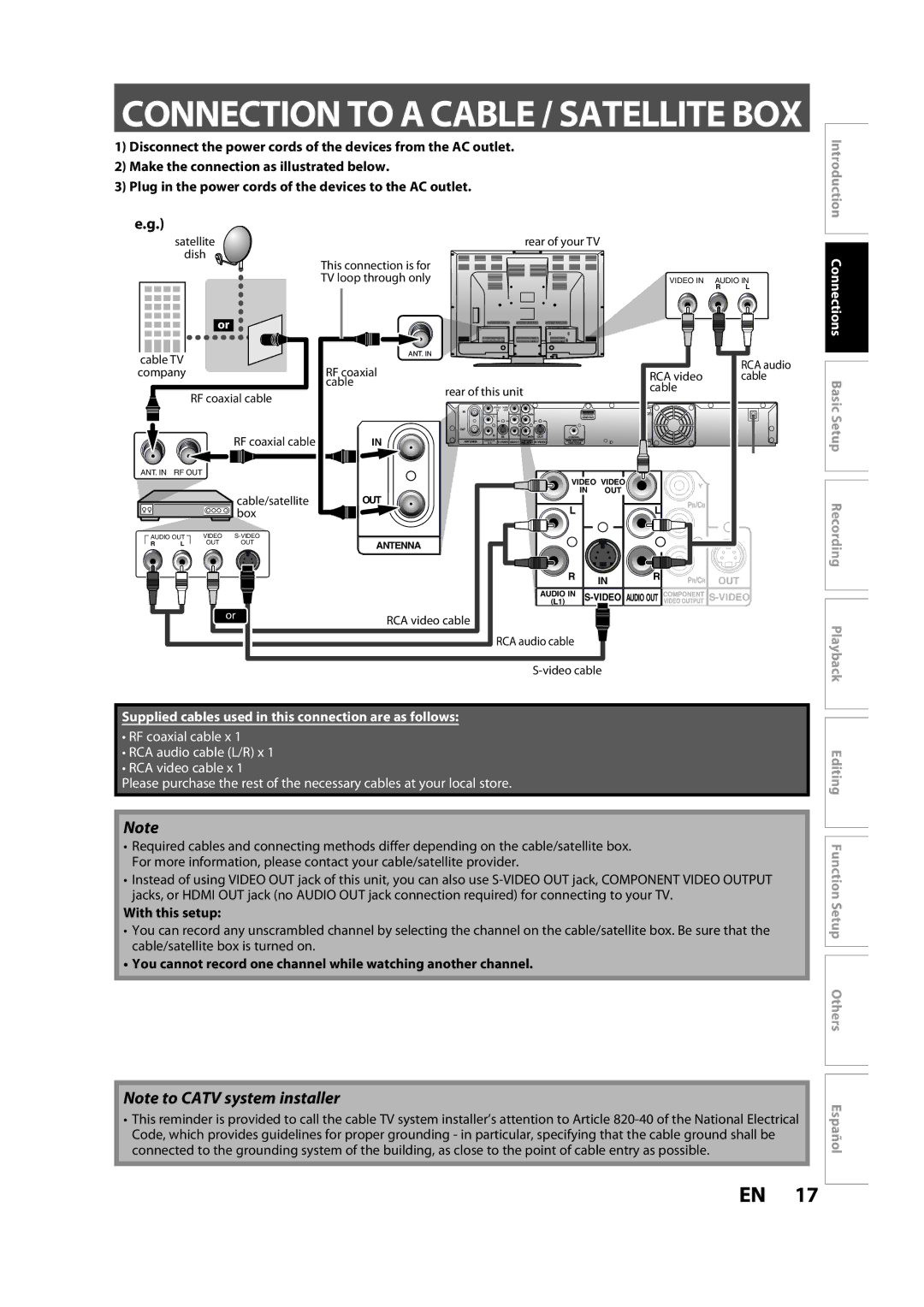 Magnavox H2160MW9 owner manual With this setup, You cannot record one channel while watching another channel 