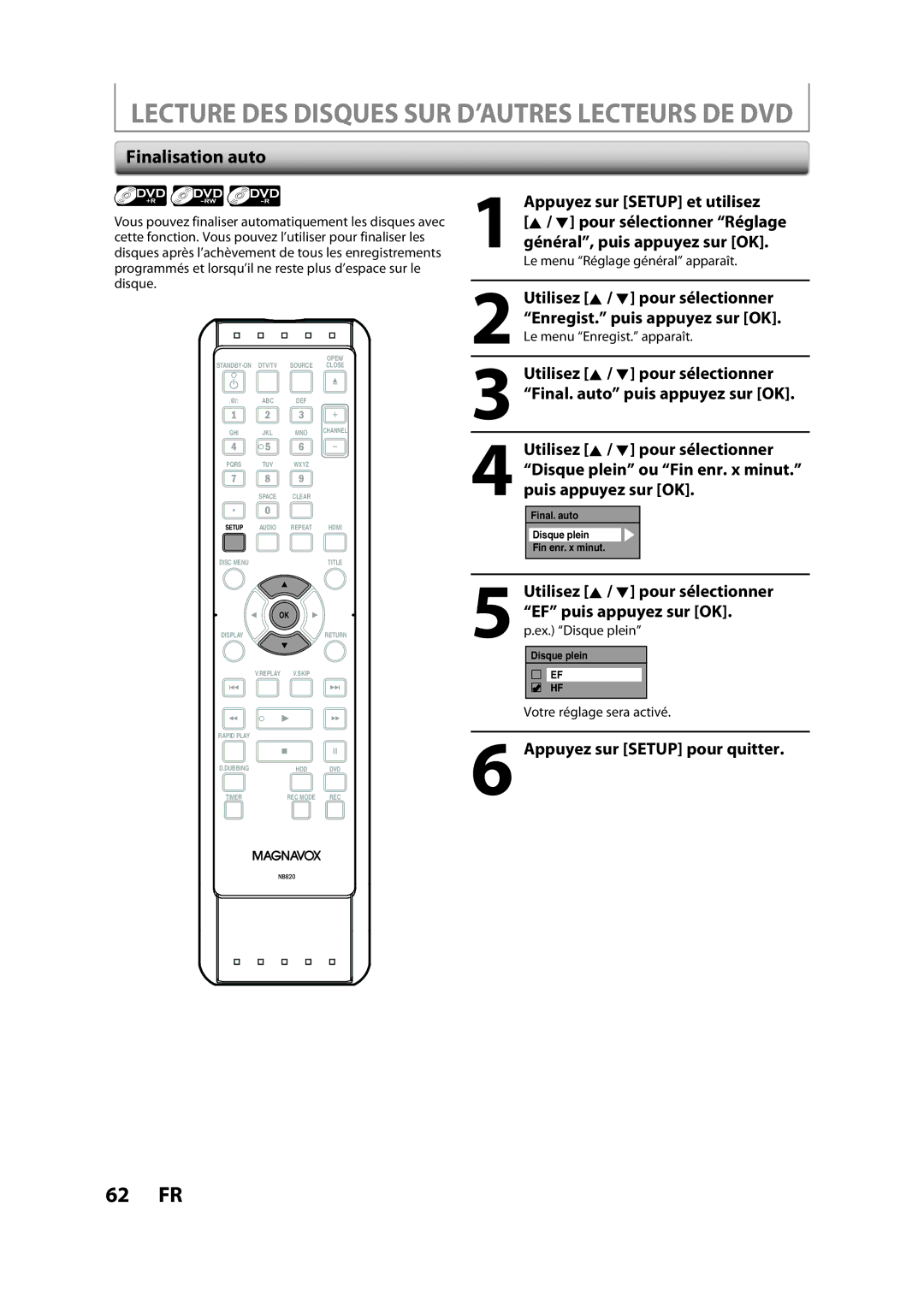 Magnavox H2160MW9 owner manual Lecture DES Disques SUR D’AUTRES Lecteurs DE DVD, Finalisation auto 