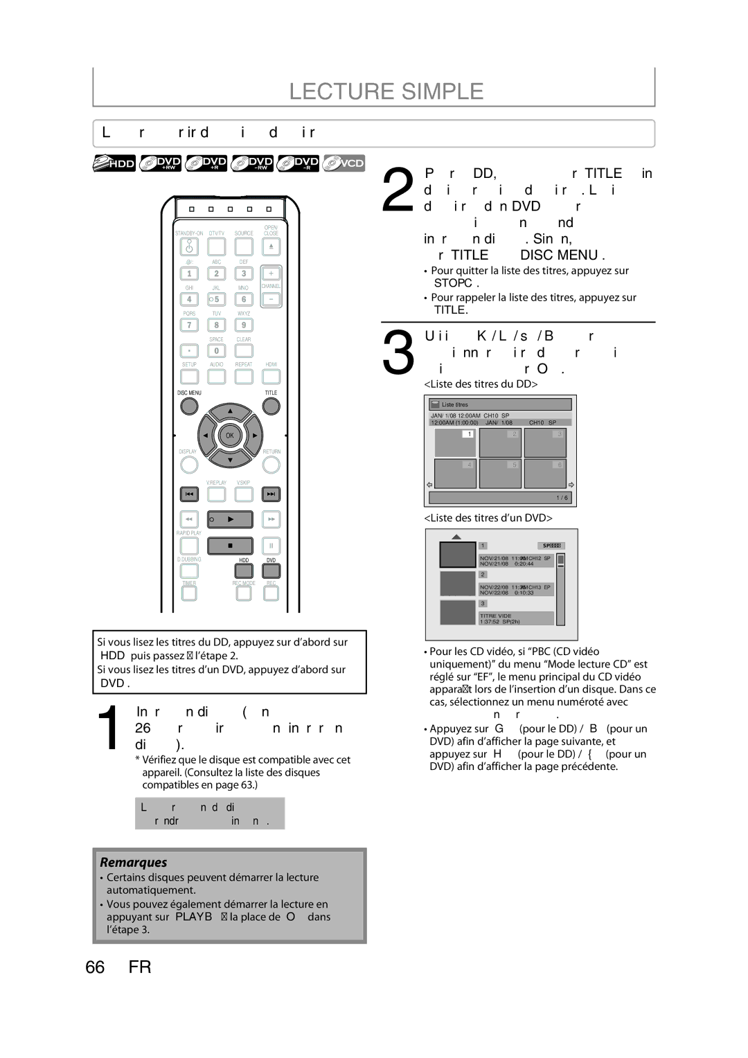 Magnavox H2160MW9 owner manual Lecture Simple, Lecture à partir de la liste des titres, Liste des titres du DD 