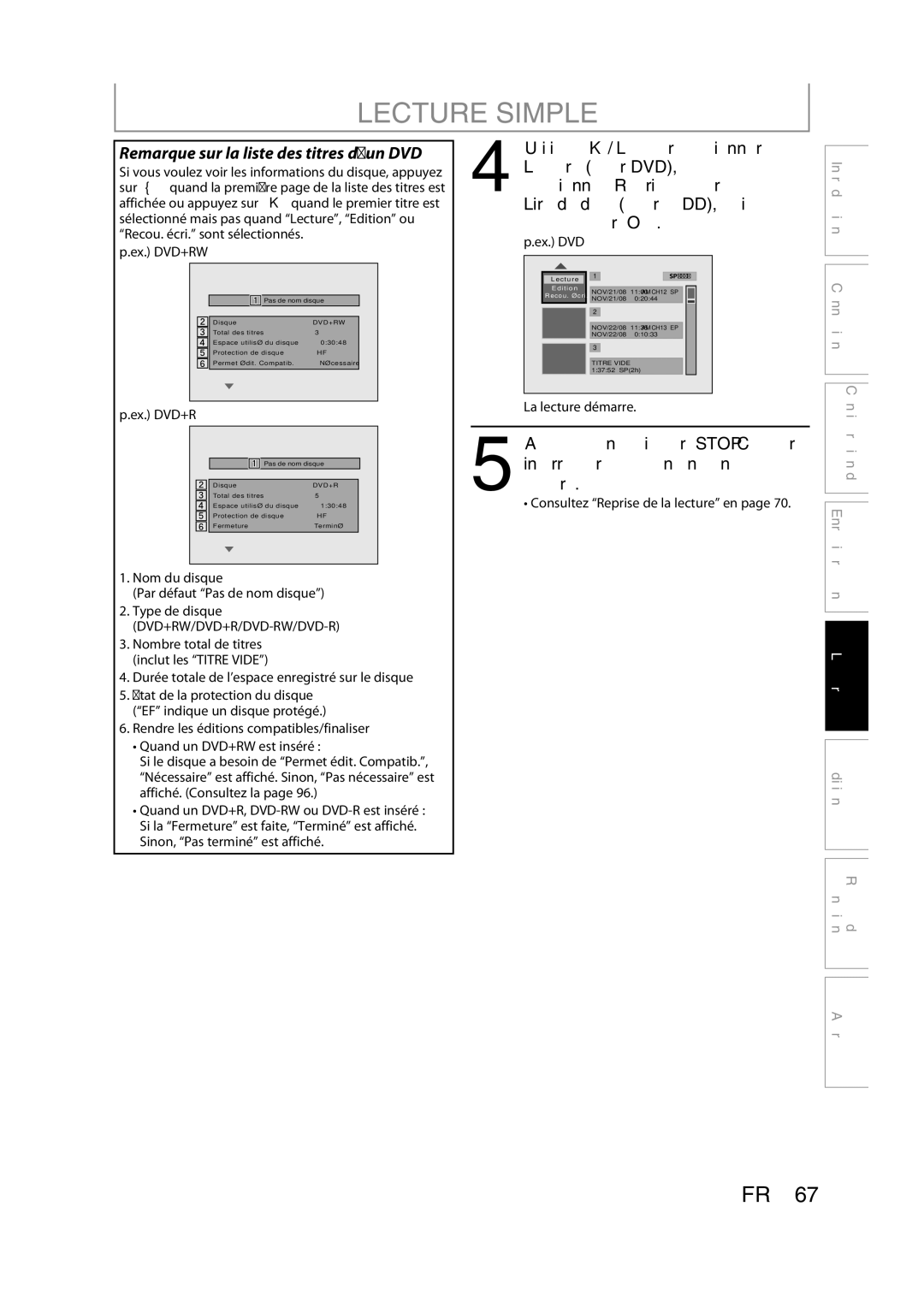 Magnavox H2160MW9 owner manual Remarque sur la liste des titres d’un DVD, Lecture pour DVD, ou, Appuyez sur OK 