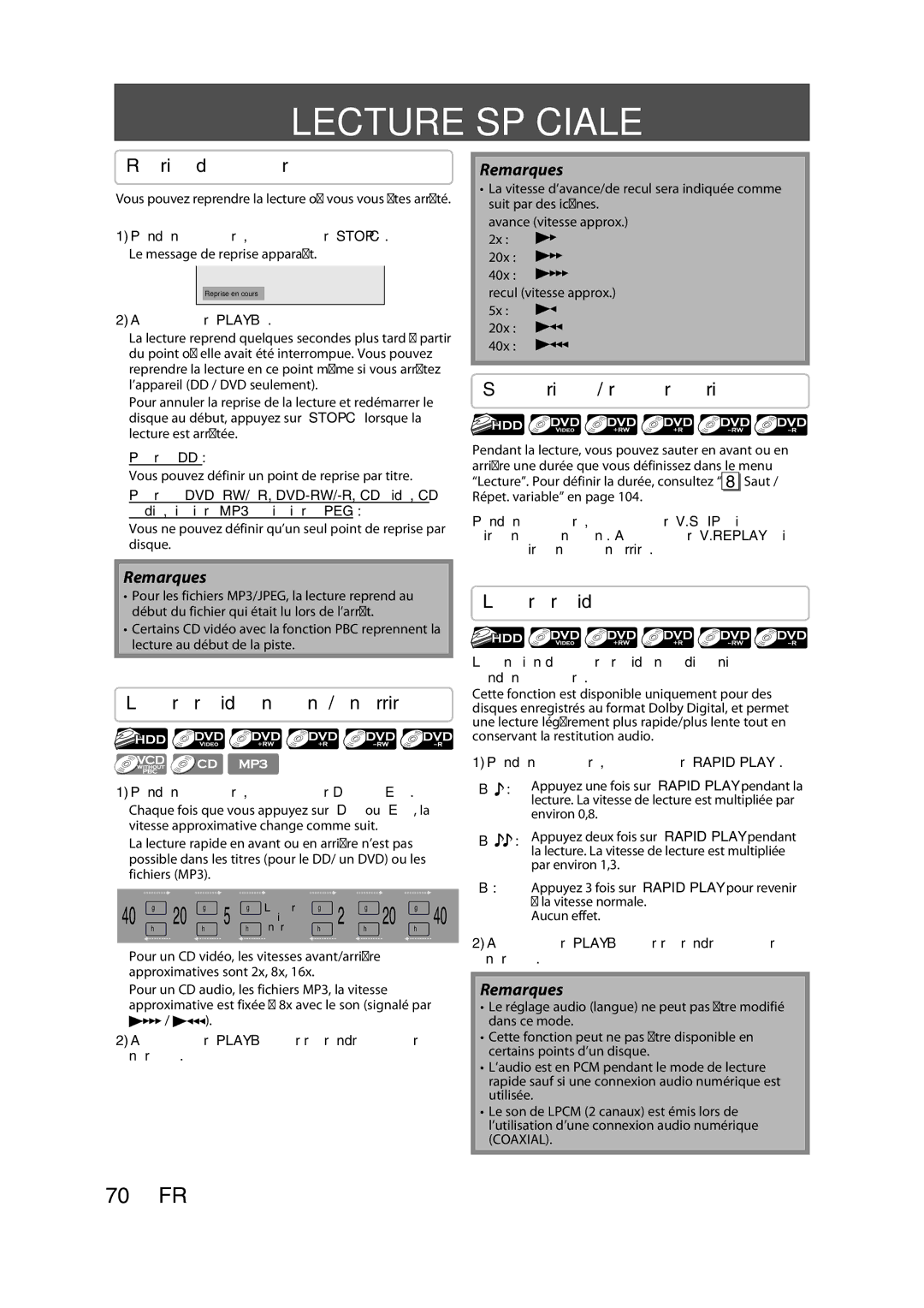 Magnavox H2160MW9 owner manual Lecture Spéciale, Reprise de la lecture, Saut variable / relecture variable, Lecture rapide 