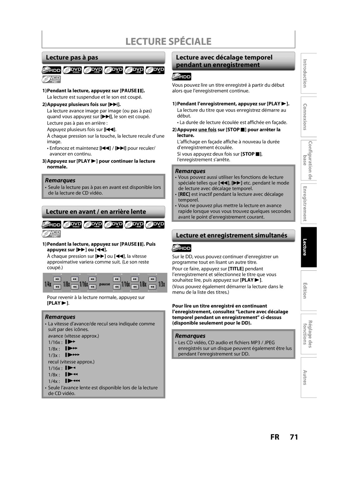 Magnavox H2160MW9 Lecture Spéciale, Lecture pas à pas, Pendant un enregistrement, Lecture en avant / en arrière lente 