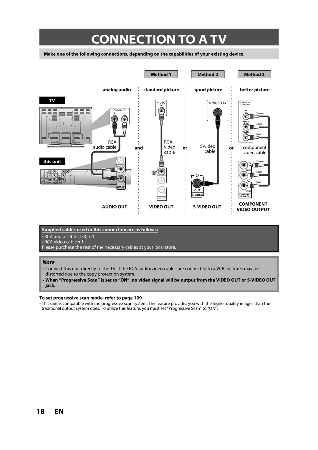 Magnavox H2160MW9 owner manual Connection to a TV, Rca, Audio cable Video Cable, Or component video cable 