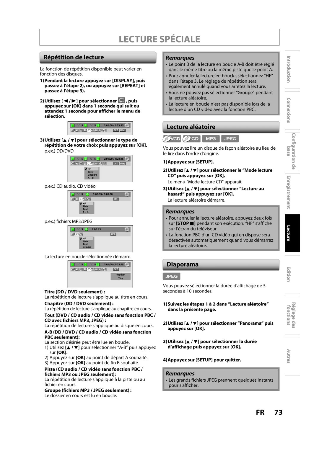 Magnavox H2160MW9 owner manual Répétition de lecture, Lecture aléatoire, Diaporama 