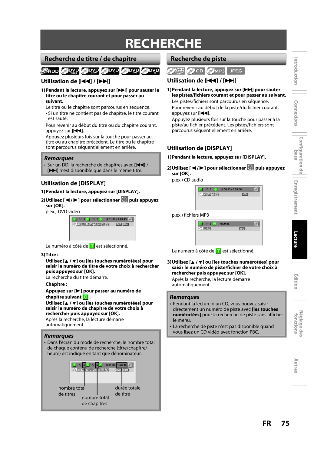 Magnavox H2160MW9 Recherche de titre / de chapitre, Utilisation de H / G, Utilisation de Display, Recherche de piste 