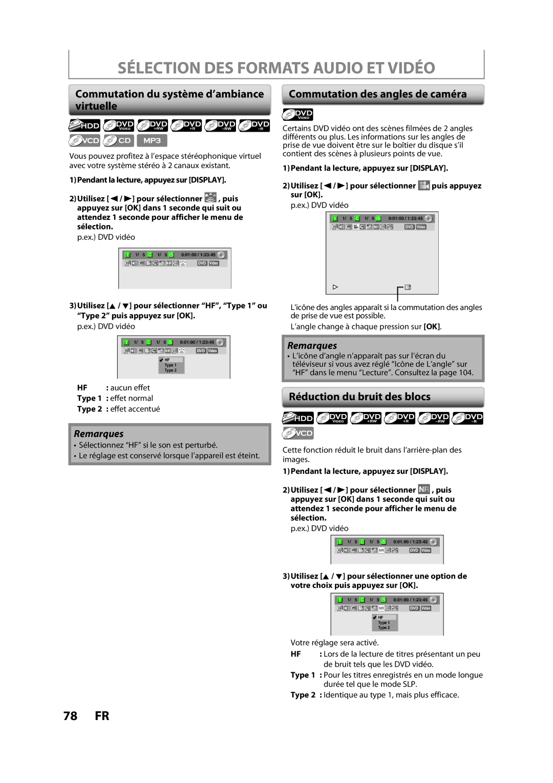 Magnavox H2160MW9 owner manual Sélection DES Formats Audio ET Vidéo, Commutation du système d’ambiance virtuelle 