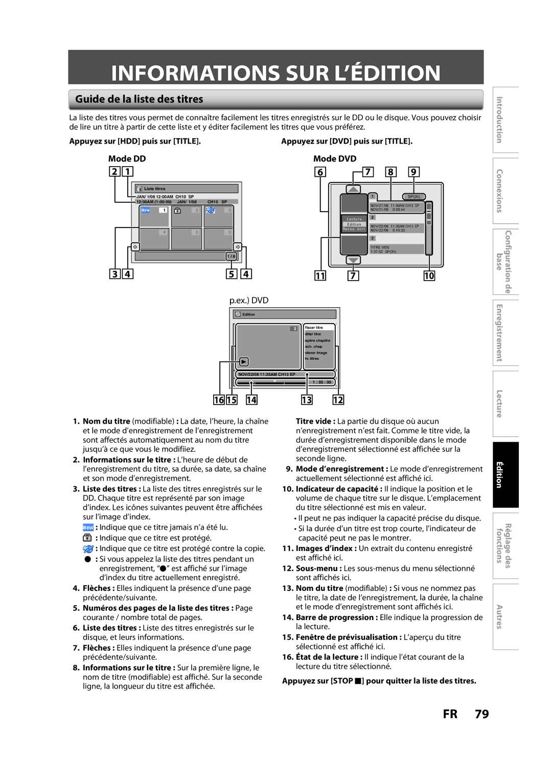 Magnavox H2160MW9 owner manual Informations SUR L’ÉDITION, Guide de la liste des titres, Mode DD, Mode DVD 