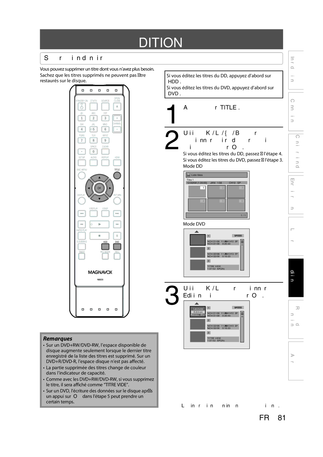 Magnavox H2160MW9 owner manual Édition, Suppression d’un titre, Edition puis appuyez sur OK, Hdd 