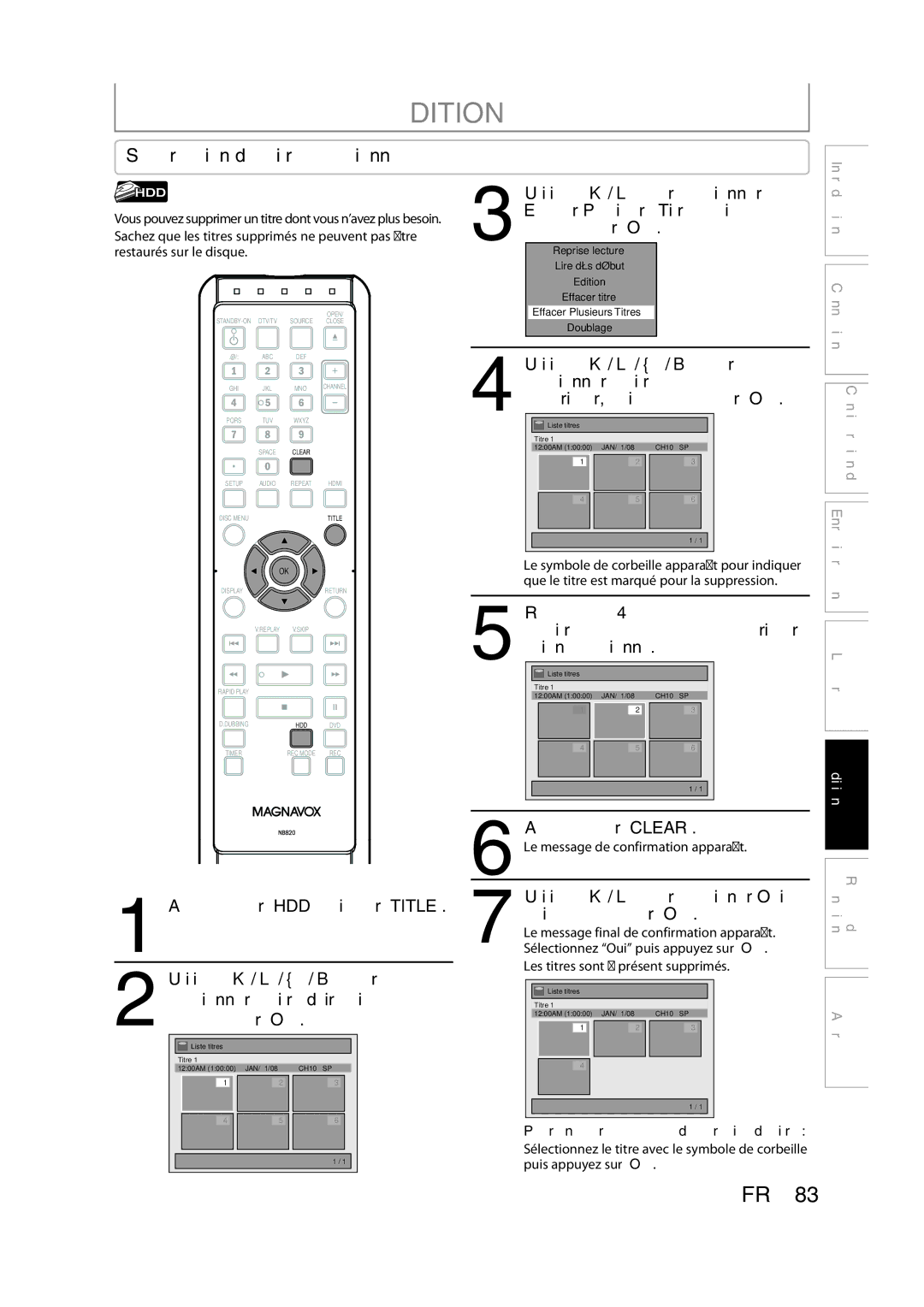 Magnavox H2160MW9 owner manual Suppression des titres sélectionnés, Appuyez sur Clear, Appuyez sur HDD puis sur Title 